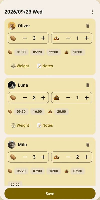 CatPeePoop screen — Log every cat in one go
