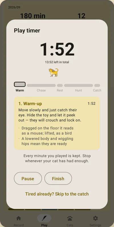 CatPeePoop screen — A 14-minute hunting-play timer