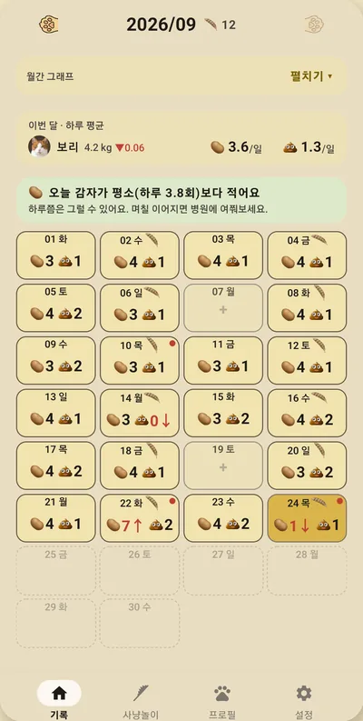 감자와 맛동산 화면 — 평소와 다른 날이 바로 보여요